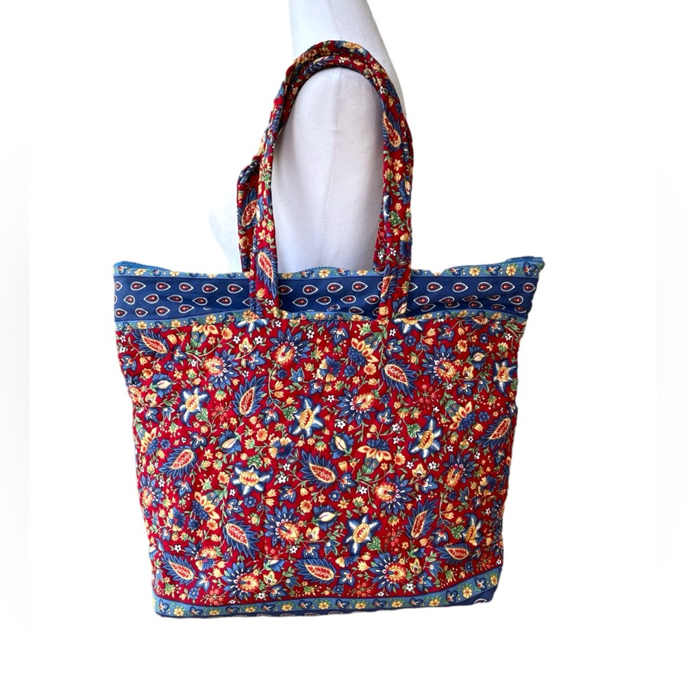 Vintage Handmade Quilted Red Blue Paisley Floral Padded Tote Shoulder Bag